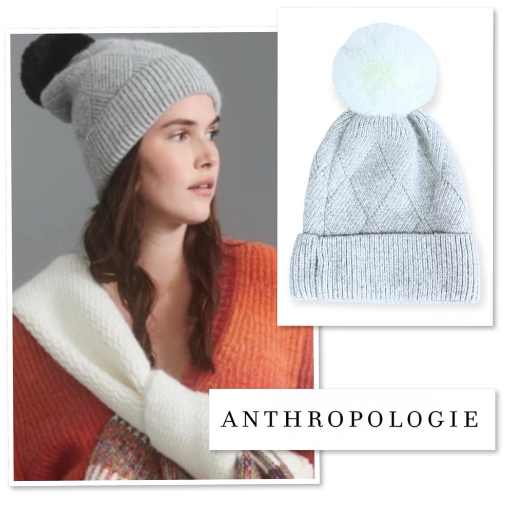 Anthropologie Pick-A-Pom Beanie Base Gray + 1 Pom One Size Cozy Winter Wool Hat